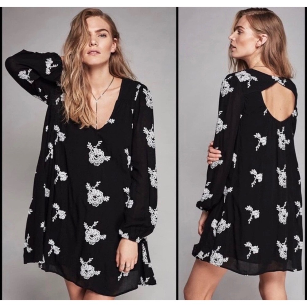 Free People Mini Dress Womens XS Black Floral Embroidered Boho Cottagecore
